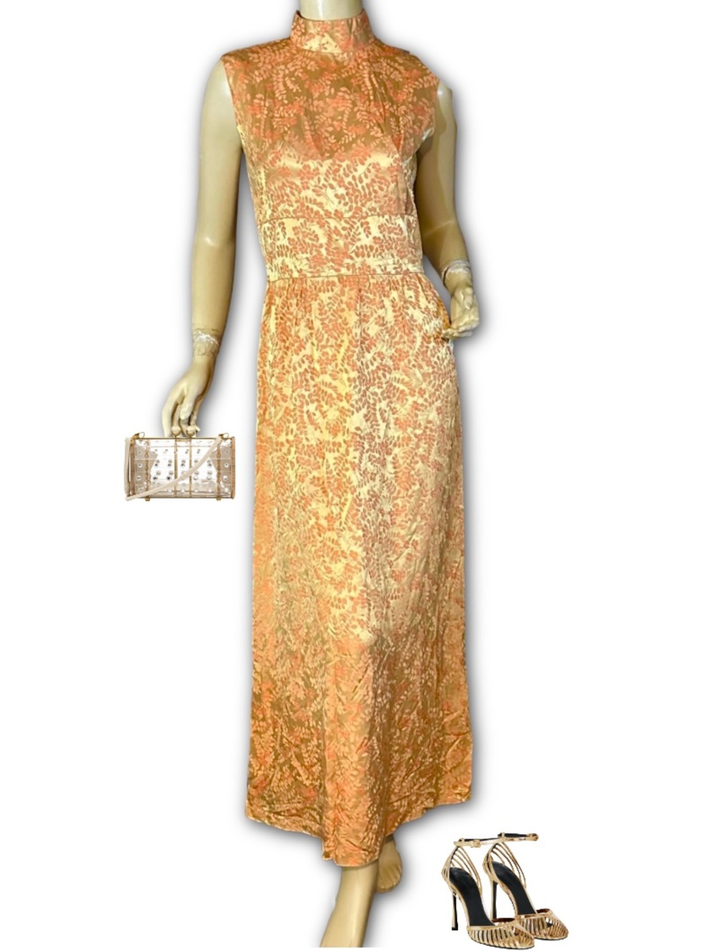 VINTAGE 1960'S HANDMADE GOLD & CORAL FLORAL PRINT SATIN COCKTAIL DRESS (M)